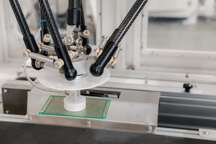 Industrial robots placing the top board of the carton